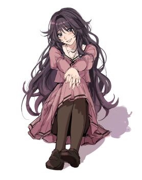 Rule 34 | 1girl, aitsuwu, black hair, black hairband, black pantyhose, blue eyes, brown shoes, commentary, english commentary, full body, grin, hairband, hands on own knees, head tilt, highres, kaoru hana wa rin to saku, kikyo private academy school uniform, knees up, loafers, long hair, long sleeves, looking at viewer, own hands together, pantyhose, pink serafuku, pink shirt, pink skirt, sailor collar, school uniform, serafuku, shadow, shirt, shoes, simple background, sitting, skirt, smile, solo, twitter username, very long hair, waguri kaoruko, white background, white sailor collar