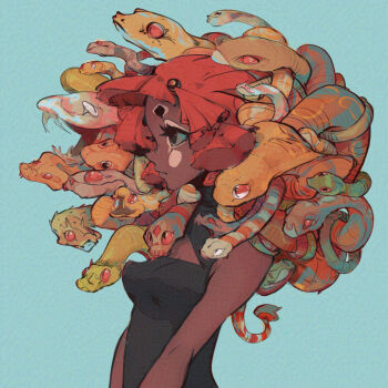 1girl black_eyes black_shirt blue_background blunt_bangs cleavage_cutout clothing_cutout commentary dark_skin from_side nootsunday orange_hair original pointy_breasts shirt short_eyebrows snake_hair symbol-only_commentary thick_eyebrows