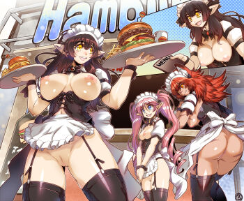 3girls absurdres animal_ears apron ass black_thighhighs blue_eyes bow bowtie breasts brown_hair burger cat_ears cat_girl censored commentary_request commission corset elf fang food french_fries frilled_apron frills from_behind from_below garter_straps highres hisahiko holding holding_tray large_breasts long_hair maid_headdress medium_hair menu mosaic_censoring multiple_girls nipples no_panties open_mouth orange_eyes original outdoors pink_hair pixiv_commission pointy_ears projected_inset pussy red_hair restaurant scar scar_on_arm scar_on_breasts scar_on_face scar_on_leg scar_on_nose short_sleeves sign signature skin_fang smile soda storefront thighhighs tray twintails waist_apron waitress white_apron wrist_cuffs yellow_eyes