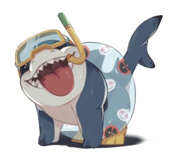 1boy artist_name bweno_v commentary deadpool english_commentary fangs fins fish_tail goggles goggles_on_head gwenpool inflatable_toy jeff_(marvel) looking_at_viewer male_focus marvel marvel_rivals open_mouth shark shark_fin shark_tail snorkel tail tongue tongue_out white_background