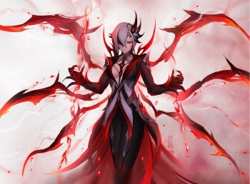 1girl arlecchino_(cinder_of_two_worlds&#039;_flames)_(genshin_impact) arlecchino_(genshin_impact) black_bodysuit black_eyes black_hair black_hands bodysuit breasts clawed_hands closed_mouth coat colored_extremities fire genshin_impact grey_hair hair_between_eyes highres large_breasts long_sleeves looking_ahead multicolored_coat multicolored_hair official_alternate_costume pyrokinesis red_pupils shibanme_tekikumo signature simple_background solo streaked_hair symbol-shaped_pupils two-tone_coat x-shaped_pupils