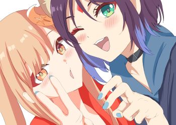 2girls absurdres black_choker blue_hair blue_nails blush brown_eyes brown_hair cheek-to-cheek cho_kaguya-hime! choker colored_tips commentary_request crescent crescent_hair_ornament green_eyes hair_ornament heads_together highres kaguya_(cho_kaguya-hime!) kinomiki long_hair looking_at_viewer multicolored_hair multiple_girls nail_polish one_eye_closed open_mouth sakayori_iroha short_hair simple_background teeth upper_teeth_only v white_background