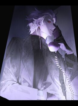 Rule 34 | 1boy, absurdres, black gloves, black sweater, commentary request, corded phone, earrings, from below, gloves, grey jacket, highres, holding, holding phone, jacket, jewelry, korean commentary, lapels, male focus, notched lapels, open clothes, open jacket, phone, pk (hobbak2330), purple hair, purple theme, red eyes, saibou shinkyoku, short hair, solo, sweater, talking on phone, theodore riddle, turtleneck, turtleneck sweater, upper body