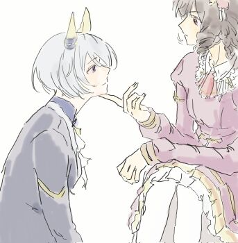 2girls animal_ears annoyed arm_on_knee ascot bib_collar bilingual_commentary black_coat blue_eyes blue_hair blue_ribbon blue_shirt bow bowtie brown_hair closed_mouth coat collared_dress collared_shirt commentary_request daiichi_ruby_(brilliant_red_gemstone)_(umamusume) daiichi_ruby_(umamusume) dress ear_covers earrings feet_out_of_frame fingernails frilled_ascot frilled_dress frills from_side furrowed_brow grabbing_another's_chin hair_ornament hand_on_another's_chin highres horse_ears horse_girl jewelry k.s.miracle_(prism)_(umamusume) k.s.miracle_(umamusume) korean_commentary light_frown light_smile long_hair long_sleeves medium_dress mixed-language_commentary multiple_girls pantyhose pointy_nose puffy_long_sleeves puffy_sleeves purple_dress purple_eyes red_ascot ribbon ringlets shirt short_hair simple_background sitting tinynewtide umamusume upper_body wavy_hair white_background white_bow white_bowtie white_pantyhose yuri