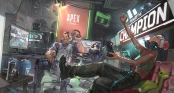 1boy 2girls animification apex_legends armor black_eyes black_hair blue_eyes computer computer_tower controller copyright_name double_bun gibraltar_(apex_legends) hair_behind_ear hair_bun headband headphones headphones_around_neck holding holding_controller holding_headphones leaning_back lifeline_(apex_legends) logo looking_back monitor multiple_girls muscular muscular_male nessie_(respawn) pink_hair playing_games playstation_controller purple_hair smile sora-bakabon stuffed_toy white_headband wraith_(apex_legends)