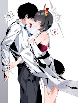 1boy 1girl :d absurdres bare_shoulders belt black_hair blue_archive breasts broken_horn doodle_sensei_(blue_archive) halo heart highres horns large_breasts mole mole_under_eye necktie niya_(blue_archive) off_shoulder open_mouth plentyofempty sensei_(blue_archive) short_hair sideboob simple_background skirt smile spoken_heart white_background yellow_eyes
