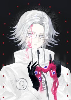 1boy absurdres acaleph aotsuki_eito black_background black_gloves blood blood_on_face blue_eyes chinese_commentary commentary_request drawstring eyelashes glasses gloves high_collar highres holding jacket long_sleeves male_focus short_hair solo the_hundred_line_-last_defense_academy- upper_body variant_set white_hair white_jacket zipper_pull_tab