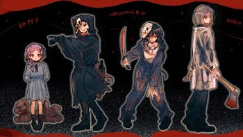 2boys 2girls american_psycho arms_behind_back artist_request axe black_background black_choker black_cloak black_gloves black_ribbon blood bloody_weapon blue_dress braid choker cloak closed_mouth coat collared_dress commentary cosplay dress elsa_granhilte esther_(orphan) esther_(orphan)_(cosplay) evil_grin evil_smile friday_the_13th full_body ghostface ghostface_(cosplay) gloves green_eyes grin hair_over_shoulder hair_ribbon halloween halloween_costume happy_halloween highres hockey_mask holding holding_axe holding_behind_back holding_knife hood hood_up jason_voorhees jason_voorhees_(cosplay) knife long_hair long_sleeves looking_at_viewer machete mask mask_on_head meili_portroute multiple_boys multiple_girls natsuki_subaru neck_ribbon orphan_(movie) otto_suewen outer_glow patrick_bateman patrick_bateman_(cosplay) purple_eyes purple_hair raincoat re:zero_kara_ayamatsu_isekai_seikatsu re:zero_kara_hajimeru_isekai_seikatsu ribbon scream_(movie) see-through_clothes see-through_coat see-through_raincoat short_hair simple_background single_braid smile standing stuffed_animal stuffed_rabbit stuffed_toy teddy_bear weapon white_mask wing_collar