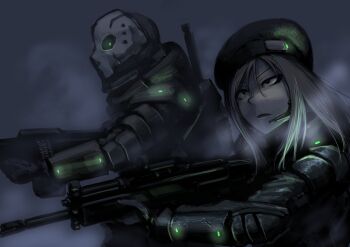 1girl armor assault_rifle balaclava beret black_eyes constricted_pupils fog glowing glowing_eyes gun hat headset hetza_(hellshock) light_machine_gun long_hair machine_gun mask rifle ski_mask weapon