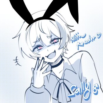 +++ 1boy animal_ear_hairband animal_ears choker commentary double-parted_bangs english_commentary english_text fake_animal_ears fang fingernails genderswap genderswap_(ftm) hair_between_eyes hairband hand_up heart highres looking_at_viewer male_focus monochrome open_mouth original rabbit_ear_hairband rabbit_ears ryuuxin sally_sinclair shirt short_hair sketch smile smug solo spot_color upper_body