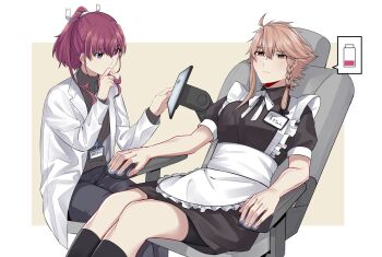 Rule 34 | 2girls, alternate costume, apron, battery indicator, black dress, black pants, black shorts, black socks, blue eyes, border, braid, braided sidelock, breasts, brown background, brown sweater, chair, closed mouth, coat, commentary request, dress, frilled apron, frills, hair between eyes, hand on own chin, jouhou, kneehighs, konohana suzuka, lanyard, long sleeves, maid, maid apron, medium breasts, monitor, multiple girls, neck ribbon, on chair, on stool, open clothes, open coat, outside border, pants, ponytail, red hair, ribbon, shidou maki (toji no miko), short hair, short sleeves, shorts, shorts under dress, sitting, socks, spoken battery, stroking own chin, sweater, toji no miko, turtleneck, turtleneck sweater, white apron, white border, white coat, white ribbon