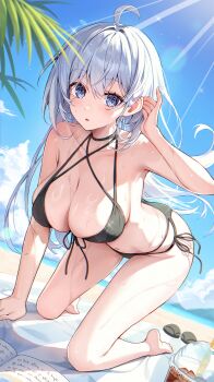 1girl ahoge all_fours bare_shoulders barefoot beach bikini black_bikini blue_eyes book breasts collarbone commission day dutch_angle front-tie_bikini_top front-tie_top hair_behind_ear highres large_breasts light_rays long_hair looking_at_viewer navel open_book original outdoors parted_lips pine_(angel4195202) pixiv_commission sandals side-tie_bikini_bottom swimsuit unworn_sandals white_hair
