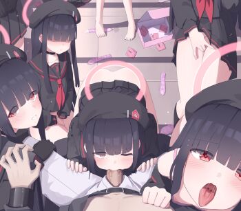 1boy 6+girls absurdres belt beret black_belt black_hair black_headwear black_sailor_collar black_serafuku black_socks blue_archive blush condom condom_wrapper fellatio female_masturbation fingering halo harem hat highres justice_task_force_member_(blue_archive) long_hair long_sleeves looking_at_viewer masturbation multiple_girls neckerchief one_eye_closed open_mouth oral pants penis pov red_eyes red_halo red_neckerchief restrained sailor_collar saliva school_uniform sensei_(blue_archive) serafuku socks stationary_restraints t-hou tongue tongue_out used_condom uvula white_pants