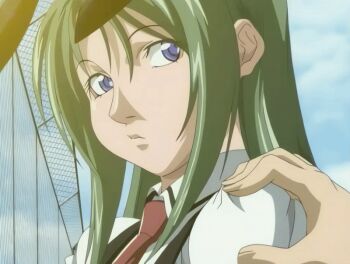 00s 1boy 1girl 2005 animal_ears animated animated_gif bible_black bible_black_only blue_eyes evening fence forced grabbing_from_behind green_hair ito_mika long_hair multiple_views necktie outdoors rabbit_ears school school_roof school_rooftop school_uniform sky sunset tagme turnaround