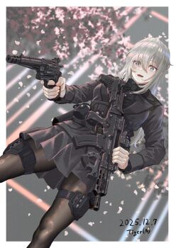 1girl 2025 absurdres aiming ammunition_pouch artist_name assault_rifle black_bow black_bowtie black_jacket black_skirt black_thighhighs border bow bowtie dated explosive grenade grey_eyes gun handgun highres holster jacket long_hair magazine_(weapon) open_mouth optical_sight original pouch revolver rifle school_uniform skirt smith_&amp;_wesson_model_500 tactical_school_uniform thighhighs tigern_(tigern28502735) weapon white_border white_hair