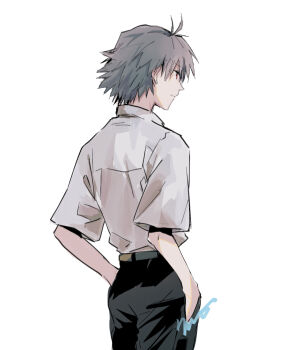 Rule 34 | 1boy, black pants, closed mouth, commentary, from behind, grey hair, hands in pockets, highres, male focus, nagisa kaworu, neon genesis evangelion, pants, red eyes, school uniform, shirt tucked in, short hair, short sleeves, signature, simple background, solo, tokyo-3 middle school uniform, white background, yorumi1117