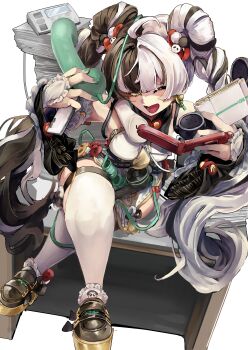 1girl absurdres asriangle bare_shoulders black_hair braid breasts cellphone detached_sleeves dialyn_(zenless_zone_zero) flip_phone highres long_hair medium_breasts multicolored_hair one_eye_closed paper_stack phone shirt smartphone smile solo split-color_hair thighhighs twin_braids white_shirt white_thighhighs yellow_eyes zenless_zone_zero