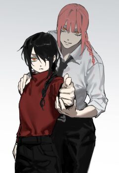 2girls absurdres black_hair black_necktie black_pants braid braided_ponytail breasts chainsaw_man closed_mouth collared_shirt cowboy_shot denim finger_gun hair_over_one_eye height_difference highres holding_hands jeans long_hair long_sleeves ma0ma0_0 makima_(chainsaw_man) multiple_girls nayuta_(chainsaw_man) necktie pants pointing pointing_at_viewer red_hair red_shirt reincarnation ringed_eyes shirt shirt_tucked_in sidelocks standing white_background white_shirt