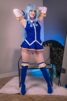Rule 34 | 1girl, absurdres, aqua (konosuba), aqua (konosuba) (cosplay), armpits, bare shoulders, blue eyes, blue hair, boots, cosplay, female focus, high heel boots, high heels, highres, indoors, kono subarashii sekai ni shukufuku wo!, long hair, photo (medium), skirt, solo, stelarhoshi, thighhighs, white thighhighs