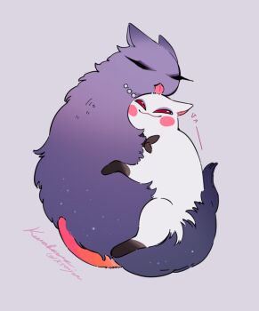 Rule 34 | 1boy, 1girl, animalization, blush stickers, cat, commentary, couple, english commentary, hazbin hotel, hellaverse, hetero, husband and wife, k500yen, lilith (hazbin hotel), looking at another, lucifer morningstar (hazbin hotel), purple fur, red eyes, white fur