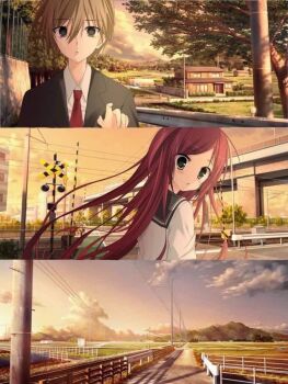 Rule 34 | 1boy, 1girl, 2000s (style), :o, akabane youko, alternate costume, alternate hairstyle, black eyes, black jacket, blazer, blush, boom barrier, bridge, brown hair, collage, collared shirt, faux retro artstyle, floating hair, green eyes, grey sailor collar, hair between eyes, hashtag-only commentary, hetero, jacket, jpeg artifacts on purpose, kanae (nijisanji), lapels, long hair, long sleeves, looking at viewer, looking back, mole, mole under eye, necktie, nijisanji, notched lapels, p8vpdb, parted hair, parted lips, railroad crossing, railroad signal, reaching, red necktie, rural, sailor collar, school uniform, serafuku, shirt, short hair, sidelocks, sunset, upper body, very long hair, virtual youtuber, white shirt