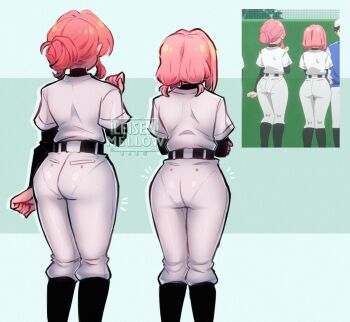 2025 2girls anime_screenshot ass ass_focus back baseball_uniform facing_away female_focus from_behind hanazono_hahari hanazono_hakari highres huge_ass kimi_no_koto_ga_dai_dai_dai_dai_daisuki_na_100-nin_no_kanojo leisen_mellow long_hair long_sleeves mother_and_daughter multiple_girls pants pantylines photo_inset pink_hair reference_inset scene_reference shirt short_hair short_sleeves sportswear standing tight_clothes tight_pants watermark