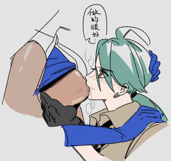 2girls black_gloves blue_gloves blush breast_sucking clothes_lift commentary dark-skinned_female dark_skin geeta_(pokemon) gloves grabbing_another&#039;s_breast green_hair grey_background groping hand_on_another&#039;s_head highres multiple_girls nanaasuzy nintendo pokemon pokemon_sv red_eyes rika_(pokemon) saliva shirt_lift yuri