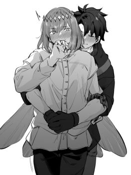 2boys arms_around_another&#039;s_waist arms_around_waist behind_another blouse blush chaldea_uniform claws closed_eyes closed_mouth collared_shirt commentary_request covering_own_mouth crown diamond_(shape) diamond_crown diamond_hairband dress_shirt dry_humping fate/grand_order fate_(series) fingernails frilled_shirt frilled_shirt_collar frills fujimaru_ritsuka_(male) gloves greyscale hand_on_another&#039;s_arm hand_over_mouth hand_over_own_mouth hand_up harness heavy_breathing highres humping insect_wings looking_back male_focus medium_hair monochrome multiple_boys oberon_(fate) oberon_(third_ascension)_(fate) pants sausu_hitori sharp_fingernails shirt short_hair short_sleeves sweat tagme trap wings yaoi