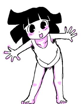 1boy androgynous barefoot black_hair blush_stickers doggystyle full_body happy looking_at_viewer minus8-kun minuspal monochrome naked_shirt non-web_source open_mouth original sex_from_behind shirt simple_background small_penis solo source_request standing trap white_background