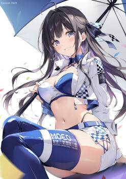 ahoge black_hair blue_thighhighs blush breasts checkered_ribbon cleavage colored_inner_hair commentary_request confetti grin hair_ribbon highres jacket karory large_breasts long_hair looking_at_viewer multicolored_hair navel original purple_eyes purple_hair race_queen ribbon sidelocks sitting skirt smile thighhighs thighs two-tone_hair umbrella white_jacket white_ribbon white_skirt