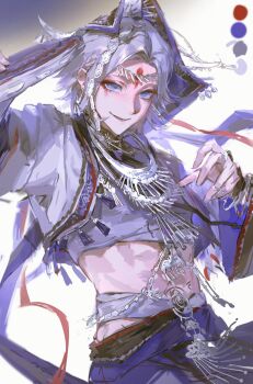 1boy absurdres alternate_costume aotsuki_eito bracelet chinese_commentary color_guide commentary crop_top dancer earrings eyeshadow facial_mark forehead_mark grey_hair grin hair_ornament highres holding_tambourine instrument jewelry limaopaimcivet looking_at_viewer makeup male_focus midriff necklace open_mouth purple_eyes red_eyeshadow ring short_hair simple_background smile tambourine the_hundred_line_-last_defense_academy- veil white_background