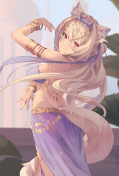 1girl absurdres alternate_costume animal_ear_fluff animal_ears anklet arabian_clothes armlet arms_up barefoot blonde_hair blue_hair blurry blurry_background bracelet breasts colored_inner_animal_ears commentary commission dancer dancing dog_ears dog_girl fuwawa_abyssgard hands_up harem_outfit highres hololive hololive_english jewelry large_breasts long_hair middle_eastern_architecture multicolored_hair navel outdoors pink_eyes plant revilol solo streaked_hair variant_set virtual_youtuber