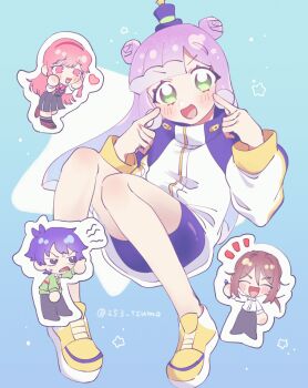 Rule 34 | 2boys, 2girls, :d, blue background, blue bike shorts, blue hat, chibi, double bun, gradient hair, green eyes, hair bun, hat, highres, kawaii kotarou, kirara mami, looking at viewer, mini hat, mini top hat, monster girl, multicolored hair, multiple boys, multiple girls, nanpa yuusuke, nikomi tsumo, open mouth, pink hair, puniru (puniru wa kawaii slime), puniru wa kawaii slime, shoes, slime girl, slime hair, smile, top hat, yellow shoes