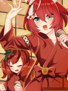 2girls animal_ears blush bow breasts brown_hair closed_eyes collarbone ear_bow ear_covers ear_ornament ear_ribbon feather_hair_ornament feathers green_bow green_eyes hair_between_eyes hair_ornament holding holding_microphone horse_ears horse_girl japanese_clothes karaoke kimono long_hair long_sleeves low_twintails medium_hair meineko_lui microphone multicolored_hair multiple_girls music nice_nature_(umamusume) open_mouth red_hair red_kimono singing small_breasts smile streaked_hair twintails umamusume win_variation_(umamusume) yukata