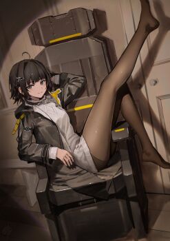 Rule 34 | 1girl, absurdres, ahoge, arknights, arknights: endfield, black coat, black eyes, black hair, black pantyhose, black shorts, chair, coat, dutch angle, endministrator (arknights), female endministrator (arknights), grey sweater, hidulume, highres, indoors, leg up, looking at viewer, looking to the side, medium hair, open clothes, open coat, pantyhose, short shorts, shorts, sitting sideways, smile, solo, spotlight, sweater, turtleneck, turtleneck sweater
