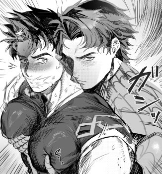 2boys bite_mark blush chinese_clothes closed_mouth commentary_request full-face_blush grabbing_another&#039;s_pectorals greyscale highres hoshiimopotato iron_fist_(marvel) large_pectorals lin_lie_(marvel) looking_at_viewer male_focus marvel marvel_rivals monochrome multiple_boys pectorals peter_parker short_hair spider-man spider-man_(series) spider_web_print sweat sweatdrop tears yaoi