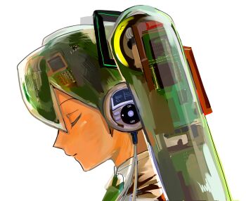 1girl android circuit_board closed_eyes commentary expressionless from_side green_necktie hashtag-only_commentary hatsune_miku headset highres huan1034097 mechanical_hair microchip necktie profile robot_girl simple_background solo transparent upper_body vocaloid white_background wire