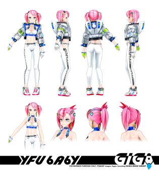 1girl 3d ass blue_eyes breasts character_name reference_sheet cleavage digitrevx earrings gloves green_gloves grey_jacket hair_ornament heart heart_hair_ornament highres hood hooded_jacket indie_virtual_youtuber jacket jewelry leggings medium_breasts multiple_views official_art open_hand pink_hair ponytail smile sports_bra twintails virtual_youtuber white_legwear white_sports_bra yfu