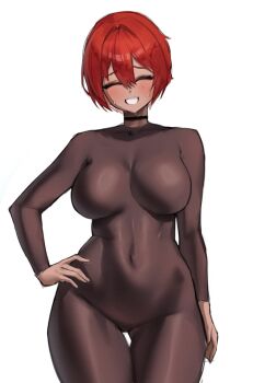 1girl black_bodystocking black_choker bodysuit breasts choker closed_eyes covered_navel dark-skinned_female dark_skin goddess_of_victory:_nikke grin hammering_(nikke) hand_on_own_hip hundred0327 impossible_bodysuit impossible_clothes large_breasts red_hair short_hair simple_background smile solo sweat teeth white_background