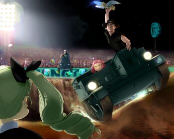 Rule 34 | 1boy, 3girls, anchovy (girls und panzer), armored personnel carrier, armored vehicle, blue shell (mario), bt-42, crowd, drill hair, emblem, girls und panzer, green hair, hair ribbon, hat, highres, long hair, mario (series), mario kart, mario kart 64, mika (girls und panzer), military vehicle, motor vehicle, multiple girls, nicholas moran, nintendo, open mouth, polo shirt, red hair, ribbon, rosehip (girls und panzer), short hair, st. gloriana's (emblem), stadium lights, tank, toorops, tread marks, tulip hat, vehicle request, yellow eyes
