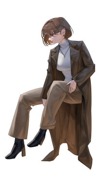 1girl absurdres anis_(nikke) boots breasts brown_coat brown_hair brown_pants casual closed_mouth coat commentary_request earrings full_body goddess_of_victory:_nikke high_heel_boots high_heels highres invisible_chair jewelry kimdooboo large_breasts long_sleeves necklace pants short_hair simple_background sitting solo sweater turtleneck turtleneck_sweater white_background white_sweater yellow_eyes