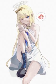 1girl absurdres bare_shoulders blonde_hair blue_eyes boots commentary_request crymachina dress enoa_(crymachina) halo hanamaru highres knee_up long_hair looking_at_viewer mey_(me_hanamomo) one_eye_closed sitting smile solo