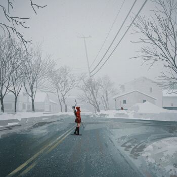 1girl bare_tree black_boots boots building cloak coat day fire_hydrant footprints girl_chasing_giants_(yun_ling) highres hood hooded_cloak house mud original outdoors power_lines red_cloak road rubber_boots scarf scenery skirt sky snow snowing solo tree utility_pole white_house wind winter yun_ling
