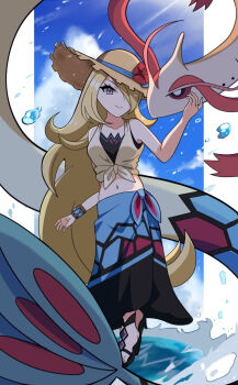 Rule 34 | 1girl, black hair, black sandals, blue ribbon, blue sarong, blue sky, closed mouth, cloud, collarbone, commentary request, cynthia (pokemon), cynthia (summer 2025) (pokemon), day, eyelashes, flower, front-tie top, gen 3 pokemon, grey eyes, hair over one eye, hand on another's face, hat, hat flower, hat ribbon, high heel sandals, high heels, highres, long hair, midriff, milotic, navel, nintendo, official alternate costume, outdoors, pokemon, pokemon (creature), pokemon masters ex, red flower, ribbon, sandals, sarong, sky, sleeveless, smile, straw hat, sun hat, sunlight, tsumiki draw (576349), very long hair, water, water drop