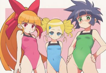3girls ai-assisted akazutsumi_momoko arms_behind_back black_hair blonde_hair blue_eyes blunt_bangs blush bow breasts bright_pupils cameltoe chibicheeks covered_navel drill_hair earrings gluteal_fold goutokuji_miyako green_eyes hair_bow hair_ornament hairclip hands_on_own_hips highleg jewelry leotard loli long_hair looking_at_viewer matsubara_kaoru multiple_girls orange_hair pink_background ponytail powerpuff_girls_z red_bow red_eyes short_hair small_breasts smile twin_drills twintails very_long_hair white_pupils