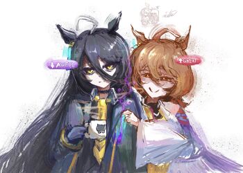 2girls absurdres agnes_tachyon_(tach-nology)_(umamusume) agnes_tachyon_(umamusume) ahoge animal_ears animal_print black_choker black_coat black_gloves black_hair black_necktie black_shirt brown_hair cat_print chemical_structure choker closed_mouth coat collared_shirt commentary contrast_collar cup ear_ornament ear_tag earrings english_commentary frown gloves hair_between_eyes hand_up highres holding holding_cup holding_test_tube horse_ears horse_girl jewelry lab_coat long_bangs long_hair long_hair_between_eyes long_sleeves manhattan_cafe_(creeping_shadow)_(umamusume) manhattan_cafe_(umamusume) mug multicolored_hair multiple_girls necktie open_clothes open_coat red_eyes rin&#039;s_tea shirt short_hair short_necktie simple_background single_earring smile split_mouth steam steaming_cup sweater test_tube umamusume very_long_hair white_background white_hair wrist_cuffs yellow_eyes yellow_necktie yellow_sweater