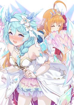Rule 34 | 2girls, absurdres, ahoge, ascot, bare shoulders, blue eyes, blue gem, blue hair, blue horns, blue sleeves, blush, braid, breasts, closed eyes, cross-laced clothes, crystal horns, crystal tail, crystal wings, dragon wings, dress, fingerless gloves, flower, gem, gloves, hair flower, hair ornament, hair over shoulder, hairband, highres, horns, jewelry, large breasts, multiple girls, necklace, open mouth, orange hair, pecorine (princess connect!), princess connect!, puffy sleeves, purple eyes, rabenga, rainbow skirt, rainbow wings, red ascot, see-through clothes, see-through skirt, sheffy (princess) (princess connect!), sheffy (princess connect!), single braid, skirt, small breasts, tail, tiara, white dress, white flower, white hairband, white sleeves, wing biting, wings