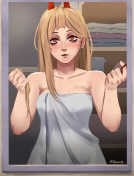 Rule 34 | 1girl, absurdres, after bathing, blonde hair, breasts, chainsaw man, cross-shaped pupils, cutting hair, cutting own hair, demon girl, demon horns, highres, horns, l1amanade, long hair, medium breasts, mirror, open mouth, power (chainsaw man), red horns, reflection, reflection focus, solo, sweat, symbol-shaped pupils, towel, yellow eyes