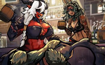 2girls abs arm_tattoo atta_(warrior_atta) bar_(place) beer_mug black_horns black_lips black_scales black_skin blue_eyes braid braided_ponytail breasts brick_wall cleavage colored_skin commentary commission cross cross-laced_clothes cross-laced_top cross_necklace cup dumbestbunbus english_commentary eyepatch final_fantasy final_fantasy_xiv flower_tattoo fur-trimmed_pants fur_trim glass_bottle green_hair hair_between_horns highres holding holding_cup horns indoors jewelry khulan_edjinn_(sau1tyn) large_breasts long_hair low_side_ponytail midriff mug multiple_girls multiple_horns muscular muscular_female necklace one_eye_covered original pants parted_bangs pointy_ears rabbit_girl red_skin scar scar_on_arm second-party_source single_braid smile tattoo tavern viera warrior_of_light_(ff14) white_hair wide_hips wooden_cup