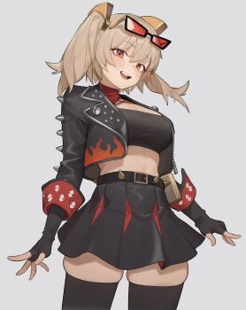 1girl belt black_belt black_gloves black_jacket black_skirt black_thighhighs black_tube_top breasts brown_hair burnice_white commentary_request cowboy_shot eyewear_on_head fingerless_gloves gloves grey_background hair_between_eyes highres jacket jaejae korean_commentary large_breasts light_blush looking_at_viewer midriff open_clothes open_jacket open_mouth pleated_skirt red-tinted_eyewear red_eyes simple_background skirt smile solo spiked_belt spiked_jacket standing strapless sunglasses thighhighs tinted_eyewear tube_top twintails zenless_zone_zero